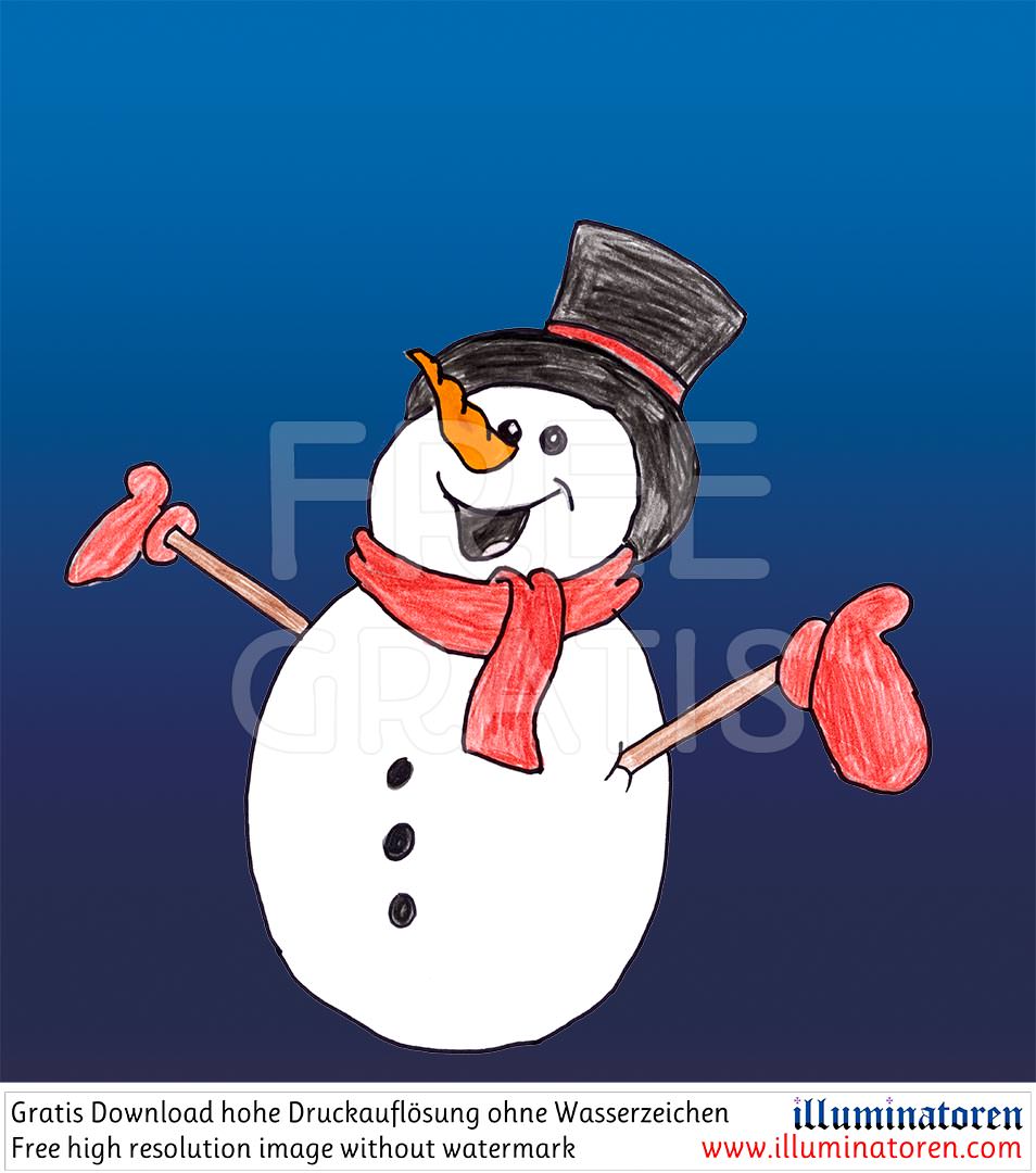 Schneemann, schwarzer Hut, Zylinder, rote Handschuhe, orange Kartotte Nase, lustig, lachen, Gesicht, roter Schal, Begeisterung, Freude, Weihnachten, 24. Dezember, X-Mas, Heiligabend, Christnacht, Zeichnung, Illustration, Druckaufloesung, Gratisbild, Illum