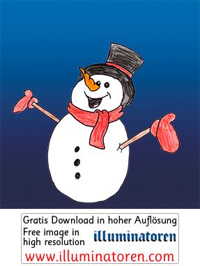 Schneemann, schwarzer Hut, Zylinder, rote Handschuhe, orange Kartotte Nase, lustig, lachen, Gesicht, roter Schal, Begeisterung, Freude, Weihnachten, 24. Dezember, X-Mas, Heiligabend, Christnacht, Zeichnung, Illustration, Druckaufloesung, Gratisbild, Illum